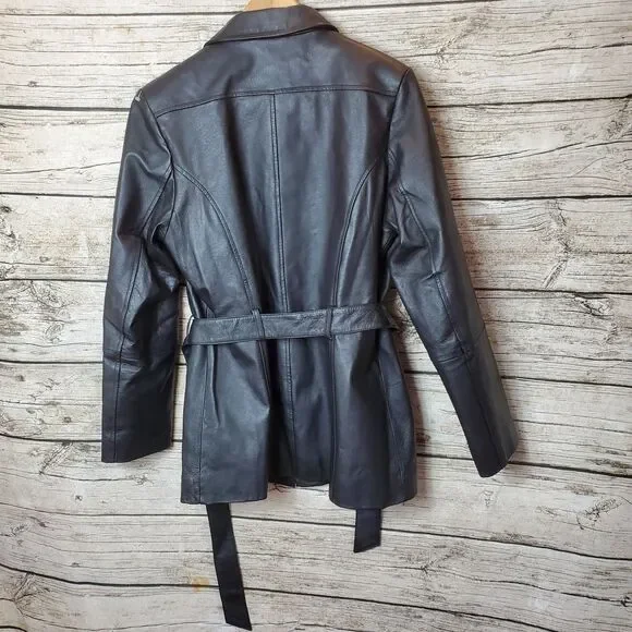 Croft & Barrow Women's Black 100% Leather Jacket/Coat W/ Belt - Size SMALL Lined - Picture 4 of 8
